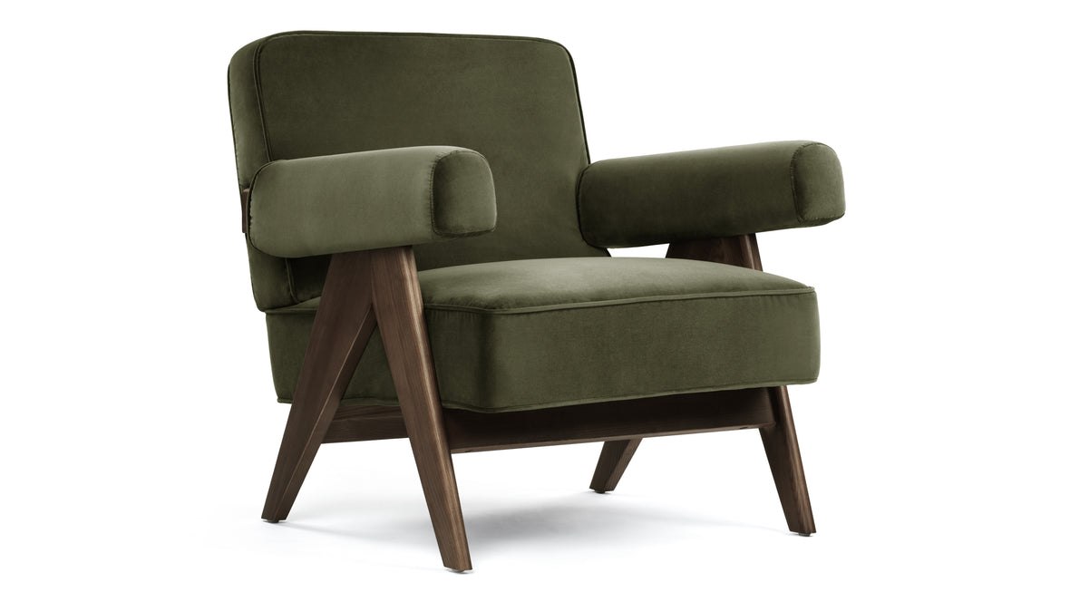 Jeanneret - Jeanneret Lounge Chair, Olive Green Velvet