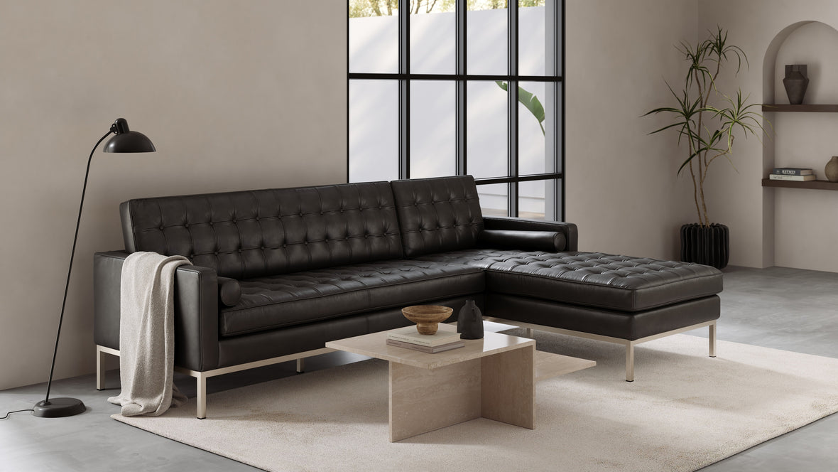 Florence - Florence Three Seater Sofa, Right Chaise, Midnight Black Premium Leather