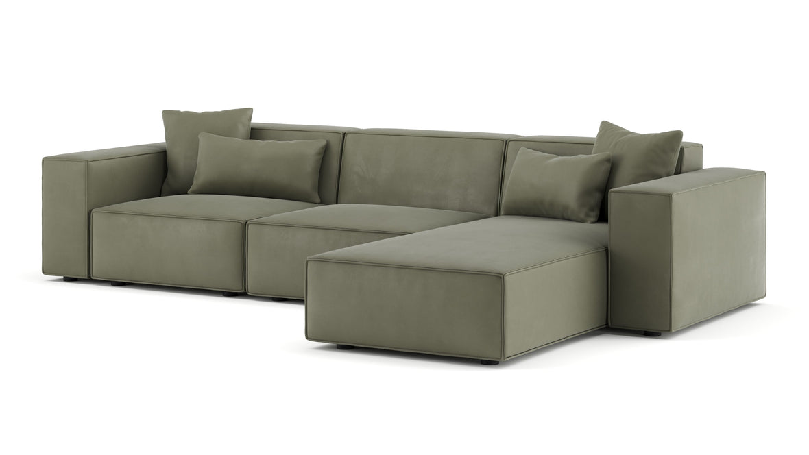 Arles - Arles Sectional, Three Seater, Right Chaise, Sage Vegan Suede