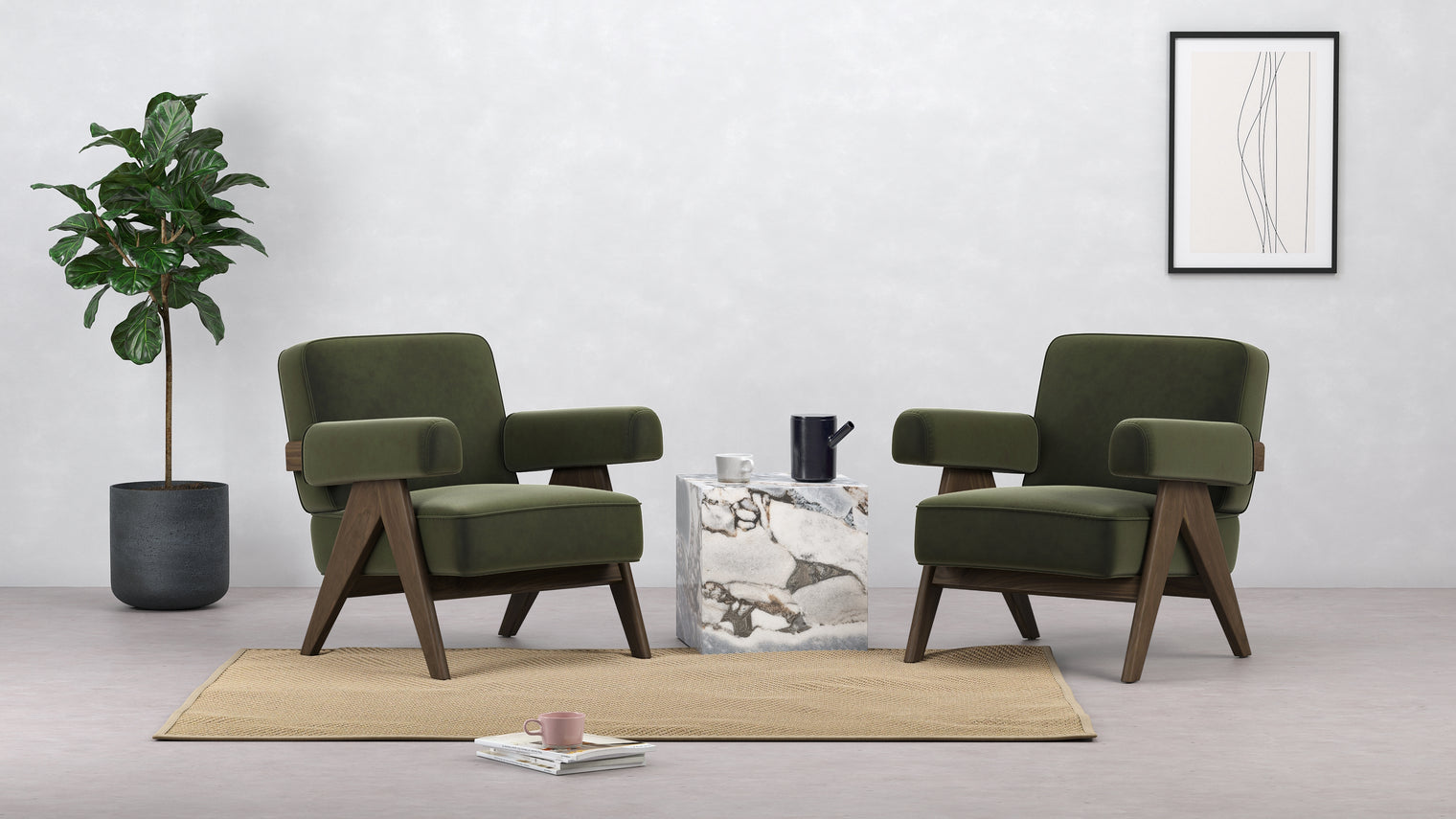 Jeanneret - Jeanneret Lounge Chair, Olive Green Velvet