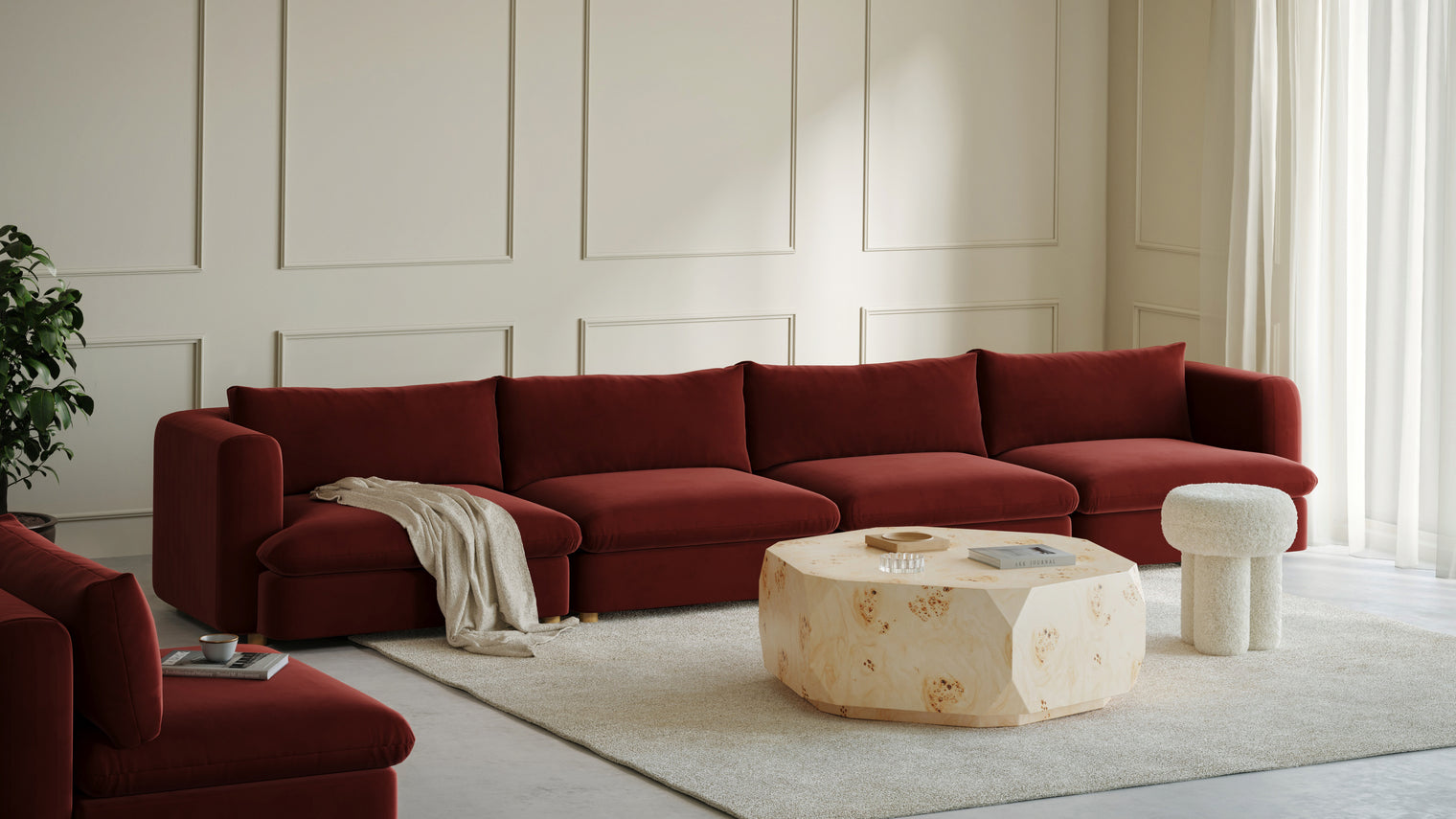 Sculptural Comfort | A statement shape in a bright, inviting fabric. the Pia Ottoman is perfect for lounging or sitting. Its sculptural design adds a unique touch to any room.
