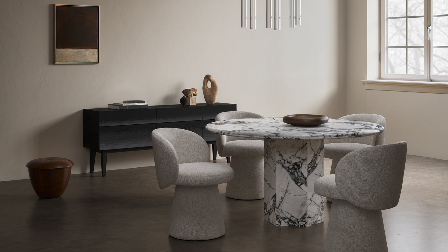 Saga - Saga Round Dining Table, Modellato Marble, 55in