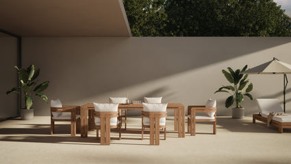 A stunning take on Teak | Crafted from premium teak wood renowned for its resilience, the Lusso Outdoor Collection is built to withstand the elements while retaining its beauty for years to come. The warm, honey-toned hue of the teak wood adds a touch of warmth and sophistication to any outdoor setting, creating an inviting atmosphere for gatherings with loved ones.