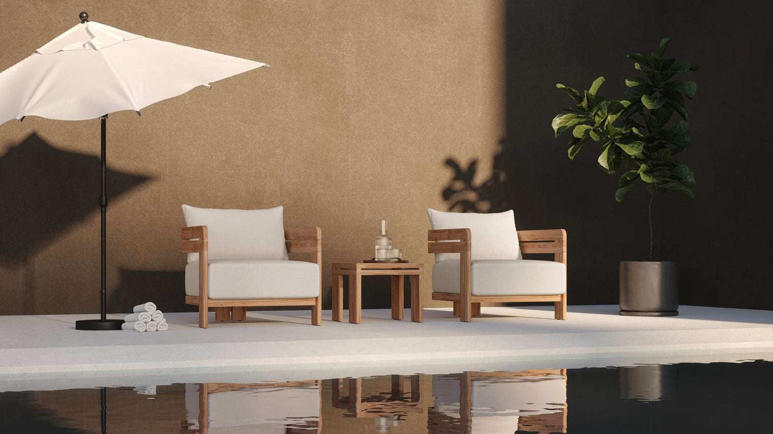 A stunning take on Teak | Crafted from premium teak wood renowned for its resilience, the Lusso Outdoor Collection is built to withstand the elements while retaining its beauty for years to come. The warm, honey-toned hue of the teak wood adds a touch of warmth and sophistication to any outdoor setting, creating an inviting atmosphere for gatherings with loved ones.
