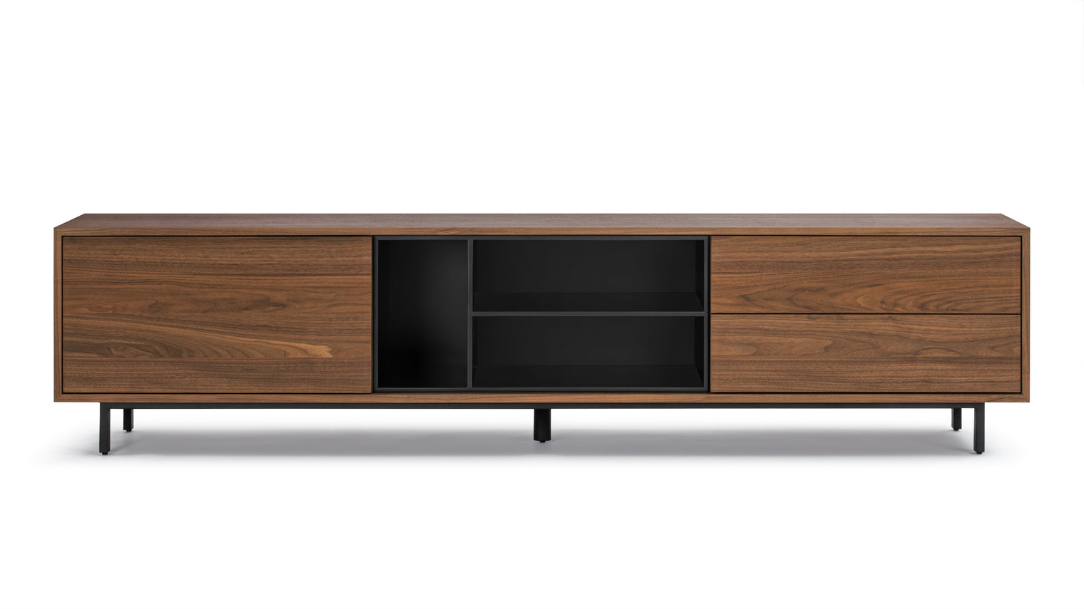 Modern Elegance | The Kyoto Media Console boasts a sleek, modern aesthetic with a deep walnut finish and matte black shelves, exuding sophistication and minimalist charm that fits seamlessly into contemporary spaces. Its understated design elevates any room with a touch of refined warmth.
