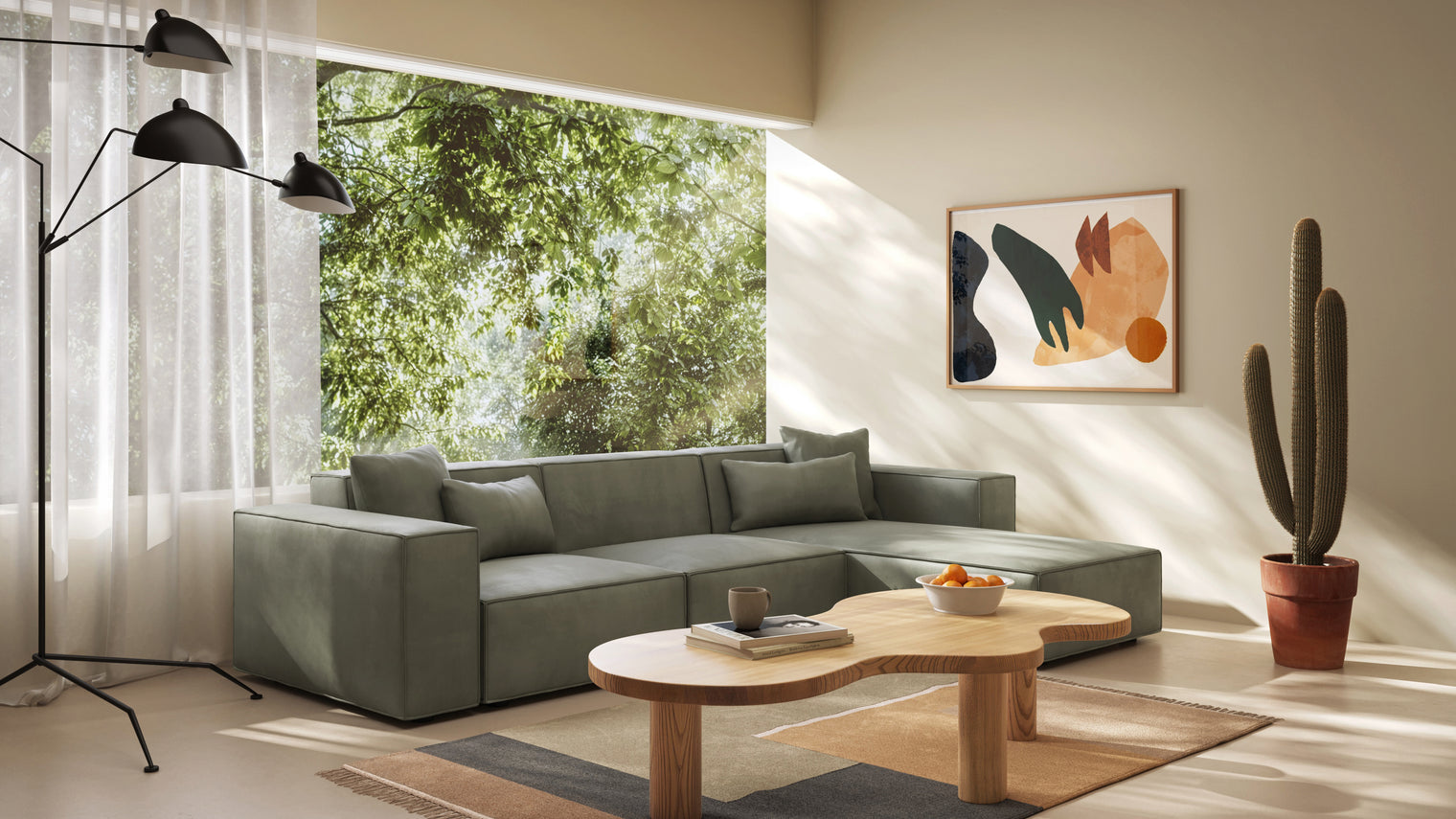 Chic Minimalism | The Arles Sectional Sofa offers a relaxed yet sophisticated look with its boxy design, refined piping, and neutral tones, making it an adaptable fit for modern interiors. Its understated charm adds warmth and style to any space.
