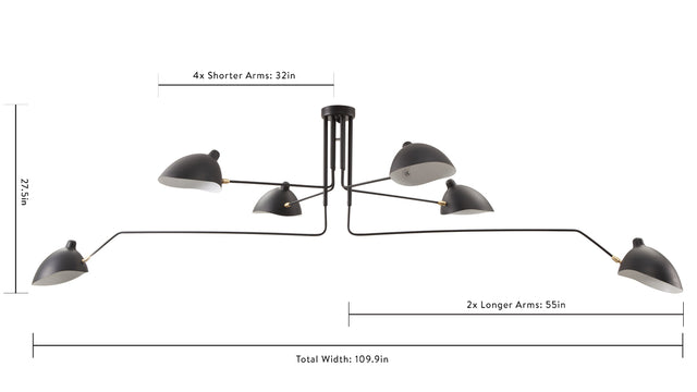 Mouille Ceiling - Mouille Ceiling Light, Six Arms, Black, W110 in
